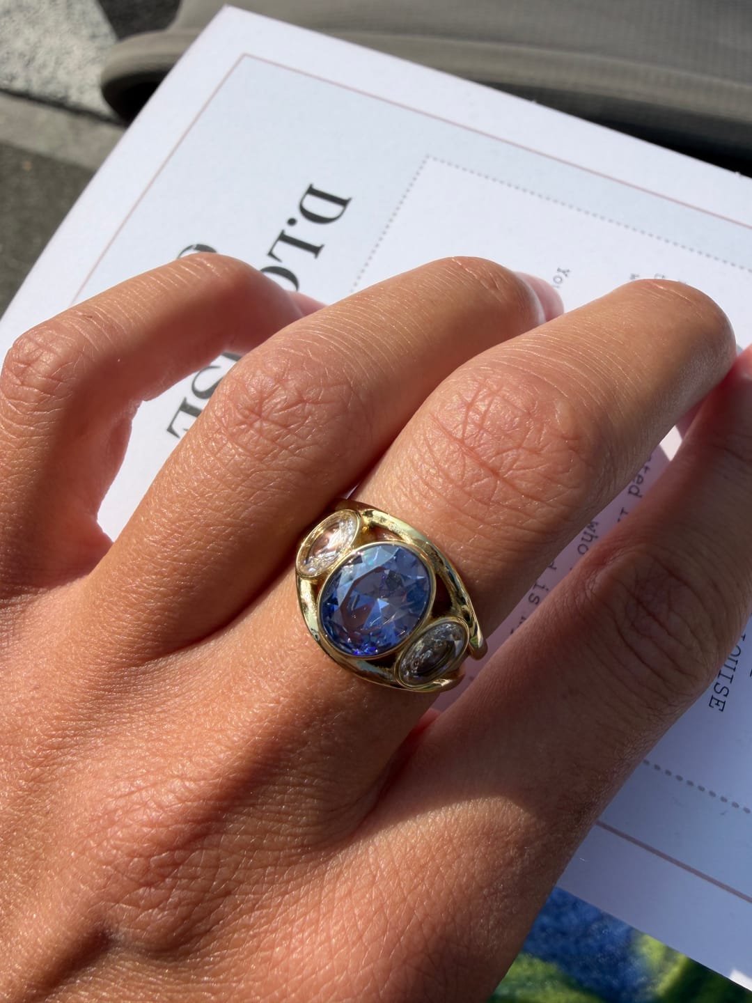 Customer photo review of Bezel Trilogy Ring Tanzanite