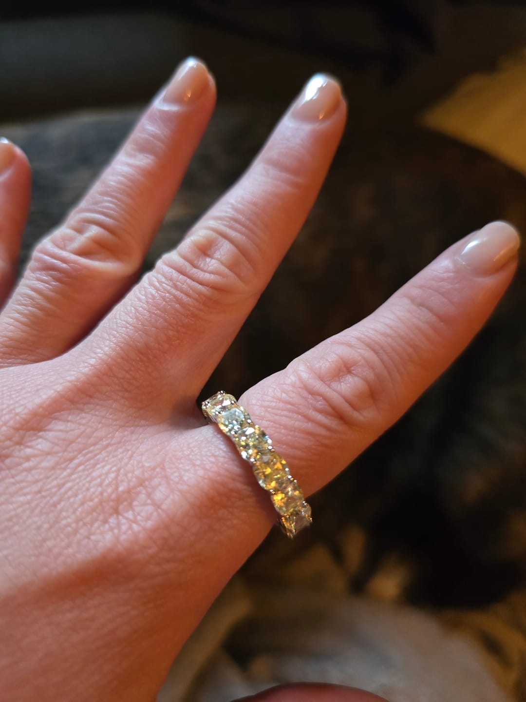 Customer photo review of Cushion Created Yellow Sapphire Eternity Sterling Silver Wedding Band Ring