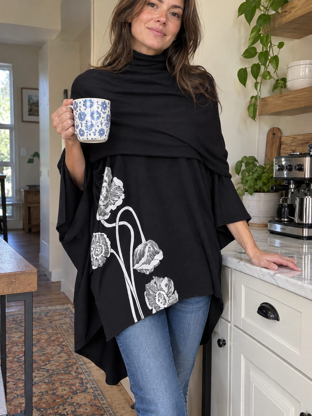 Customer photo review of Flower Print Wrap Three-quarter Sleeves High-neck Blouses&shirts Tops