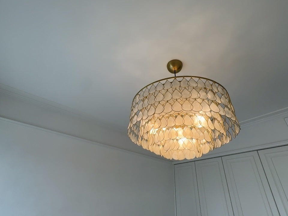 Customer photo review of Capiz Shell Pendant Light, Gold Metal Frame, Chandelier