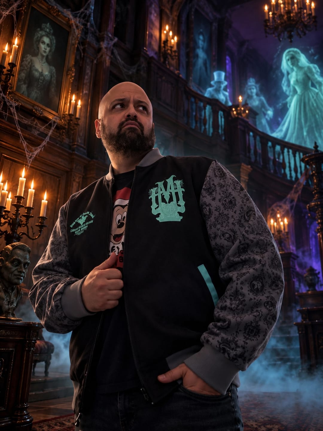 Customer photo review of Disney's Haunted Mansion "Welcome Foolish Mortals (East)" – Reversible Bomber Jacket