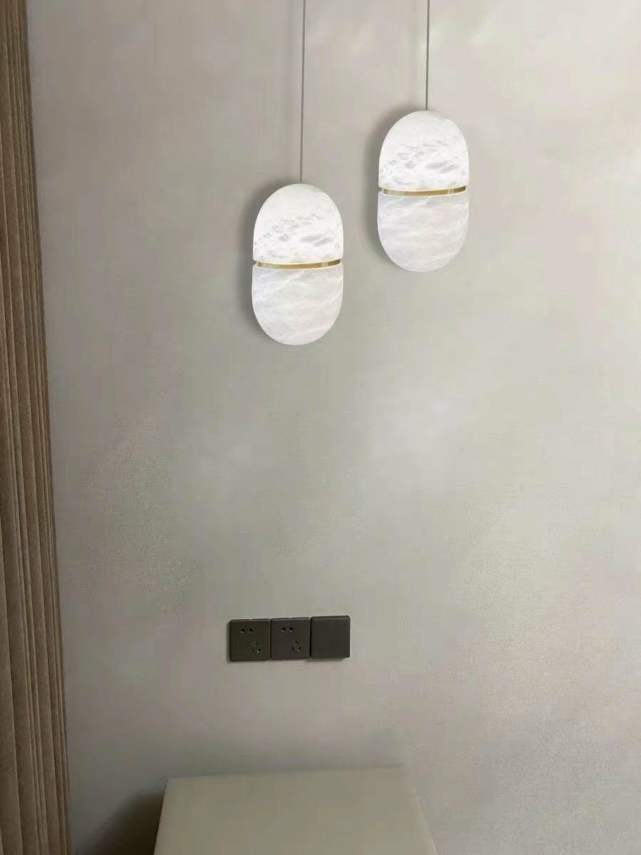 Customer photo review of Natural Alabaster Pendant Lamp, Symmetrical Shade, Damp Rated