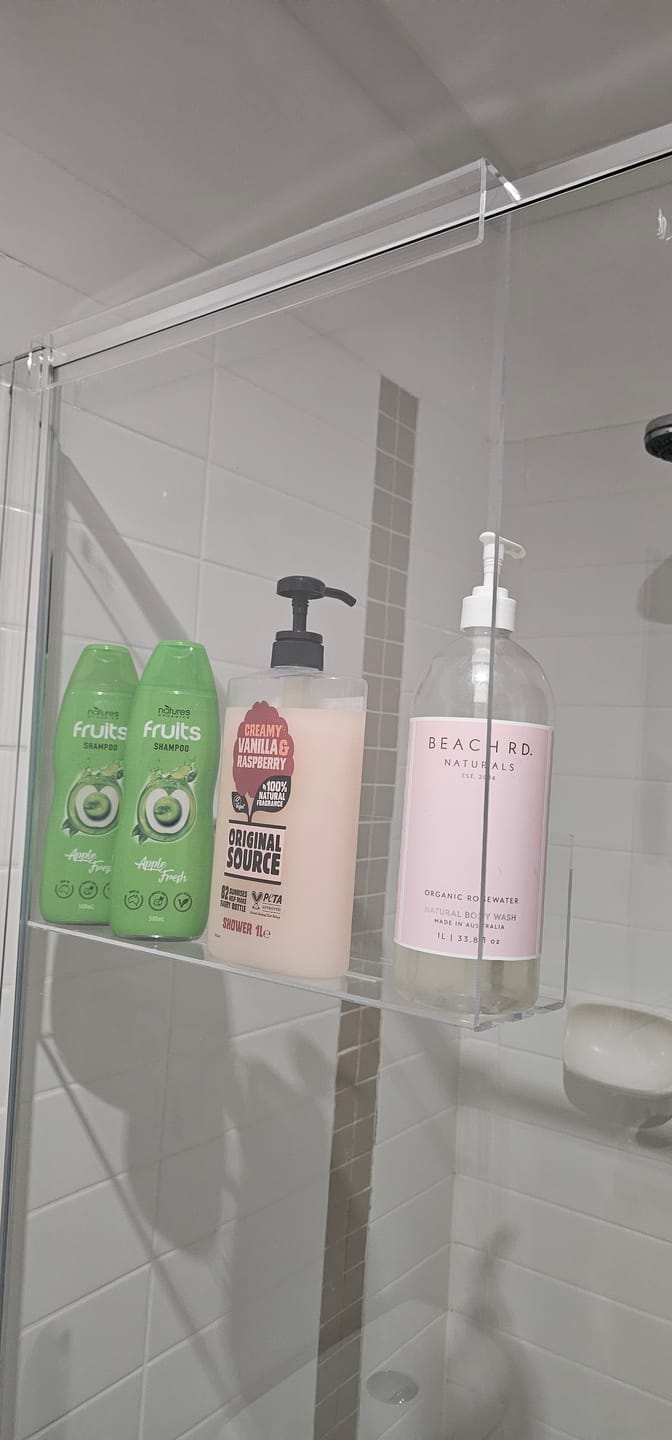 Customer photo review of Clear Acrylic Shower Shelf