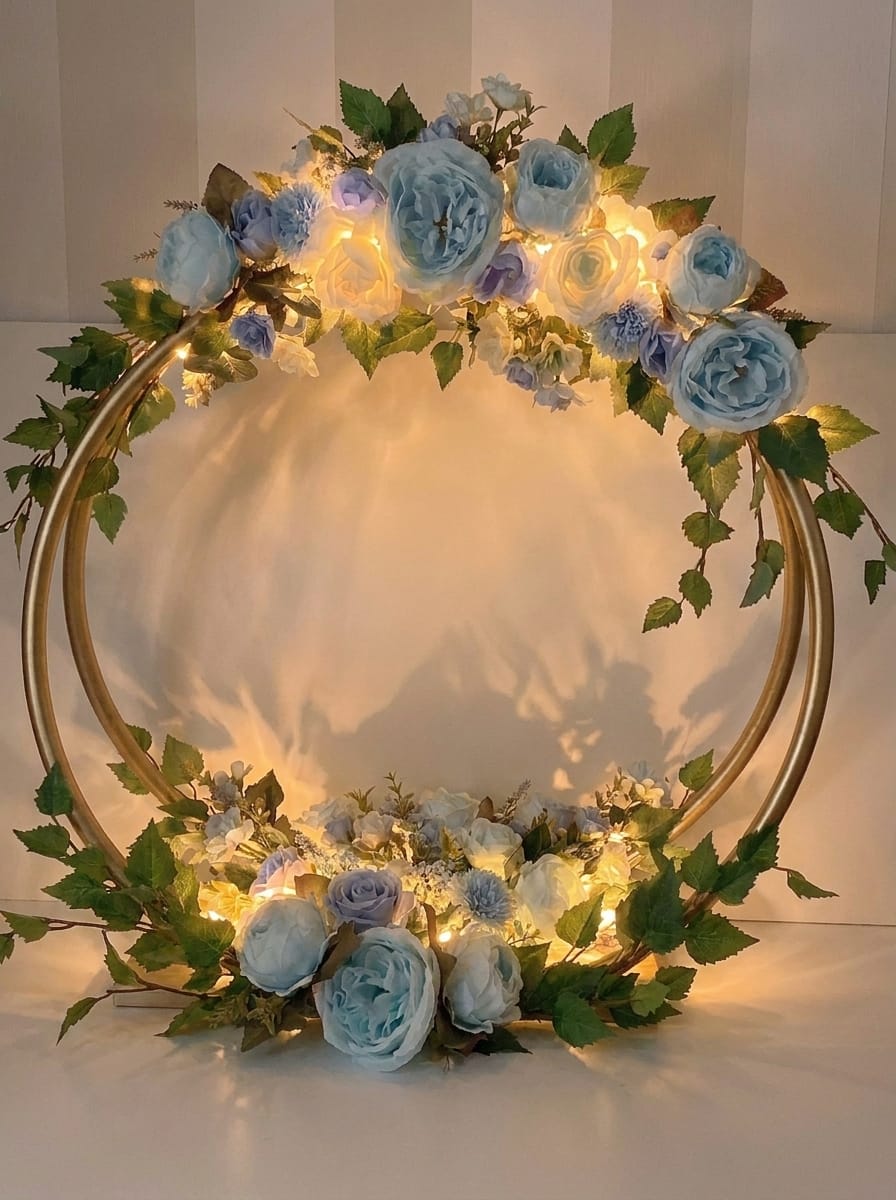 Customer photo review of 🌸 50% OFF! ✨ Gold-Tone Decorative Hoop with Wooden Stand – Customizable Table Centerpiece with LED String, Reusable Design for Flowers, Ribbon & Greenery – Elegant Iron & Pine Wood Craft for Events & Everyday Decor 🎀