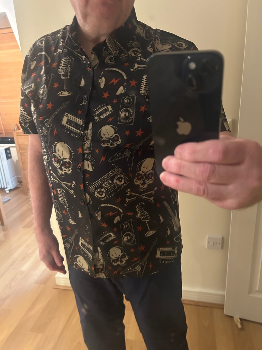 Customer photo review of Men's Skull Music Punk Rock and Roll Cool Funny Hawaiian Shirt