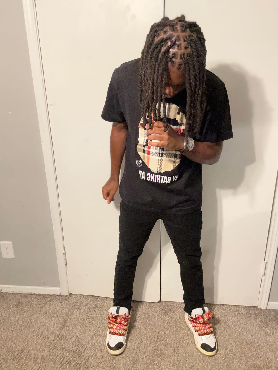 Customer photo review of BAPE A Bathing Ape Check by Bathing Tee Black/Beige