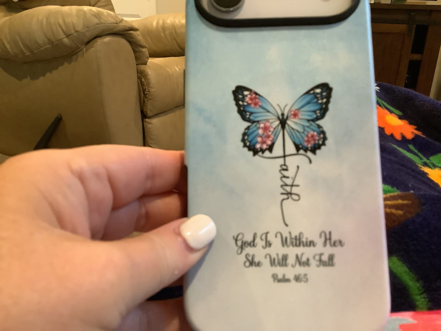 Customer photo review of God is Within Her She Will Not Fall, Faith Cross Butterfly, Christian Phone Case