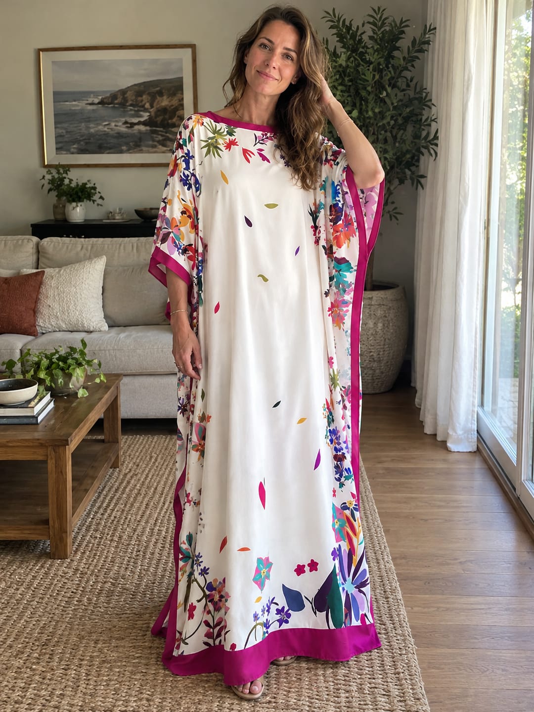 Customer photo review of Split-side Flower Print Contrast Color Three-quarter Sleeves H-line Boat Neck Maxi Dresses
