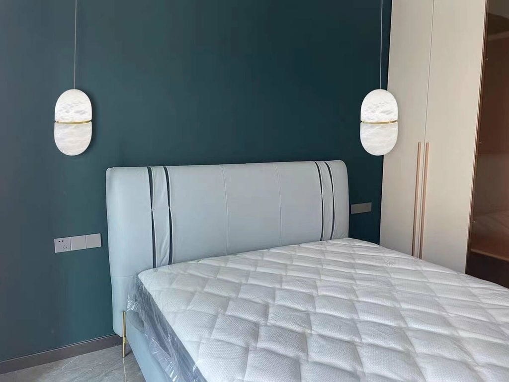 Customer photo review of Natural Alabaster Pendant Lamp, Symmetrical Shade, Damp Rated
