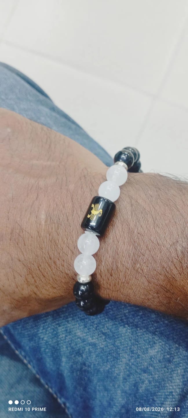 Customer photo review of Scorpio (Vrishchik Rashi) Zodiac Bracelet – Natural Black Obsidian & Milky Quartz