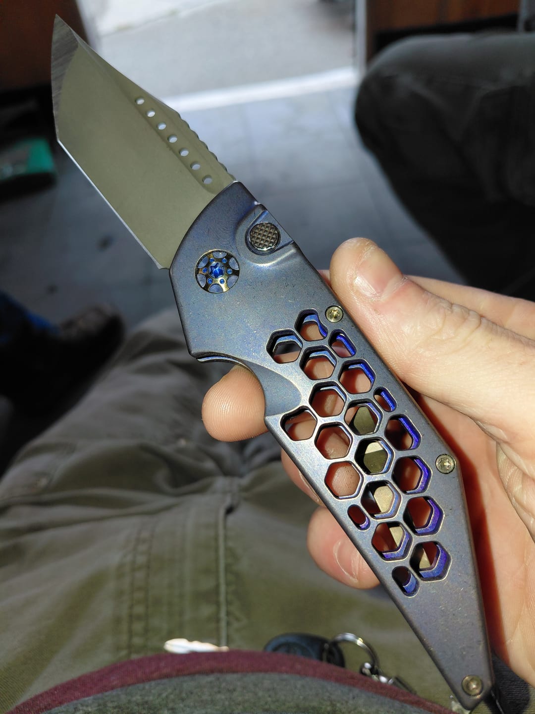 Customer photo review of Hypercut MFG Dharma Automatic Serial 0233 - 3.2" S45VN Tanto, Purple Anodized Titanium, Honeycomb, Bronze Hardware - Made in USA (HC-DHARMA-AUTO-0233)