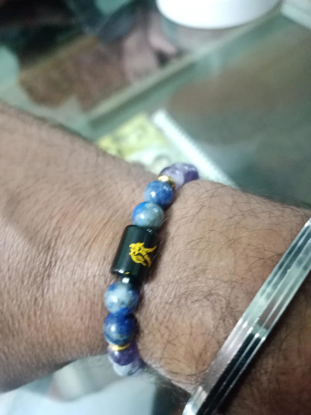 Customer photo review of Aquarius (Kumbh Rashi) Zodiac Bracelet – Natural Amethyst & Lapis Lazuli