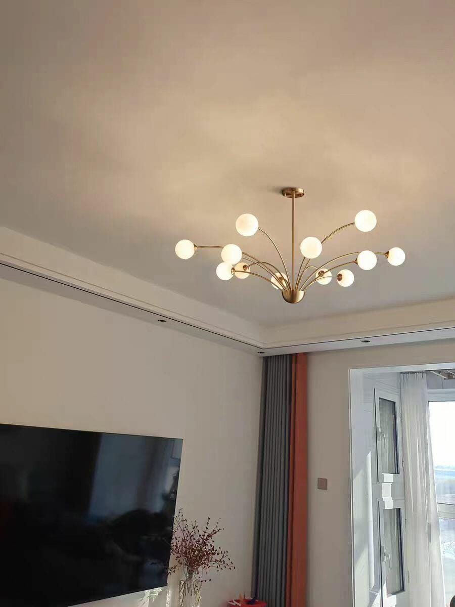 Customer photo review of Brass Globe Chandelier, Milky White Glass, Branching Arms