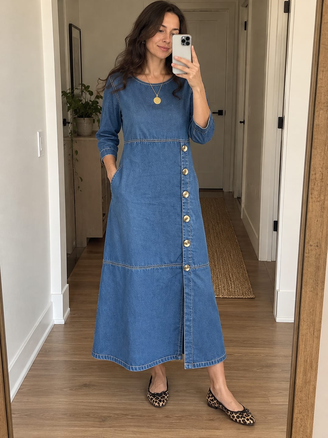 Customer photo review of Split-side Pockets Buttoned Long Sleeves A-line Round-neck Maxi Dresses