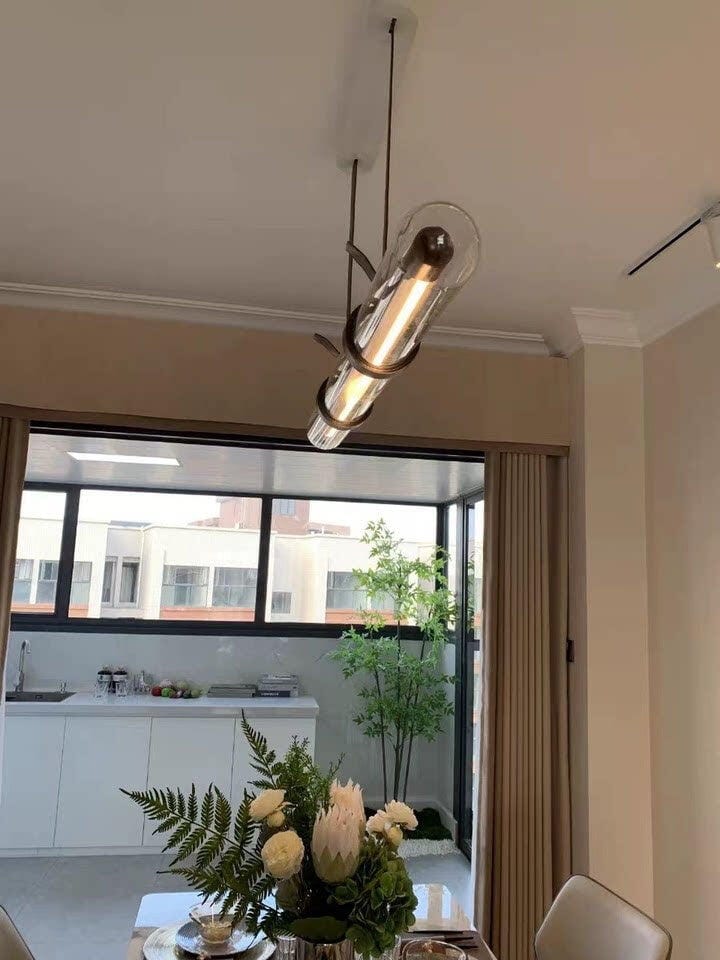Customer photo review of Glass Pendant Lamp, Brown Leather Straps, Remote Dimmer, 135 cm