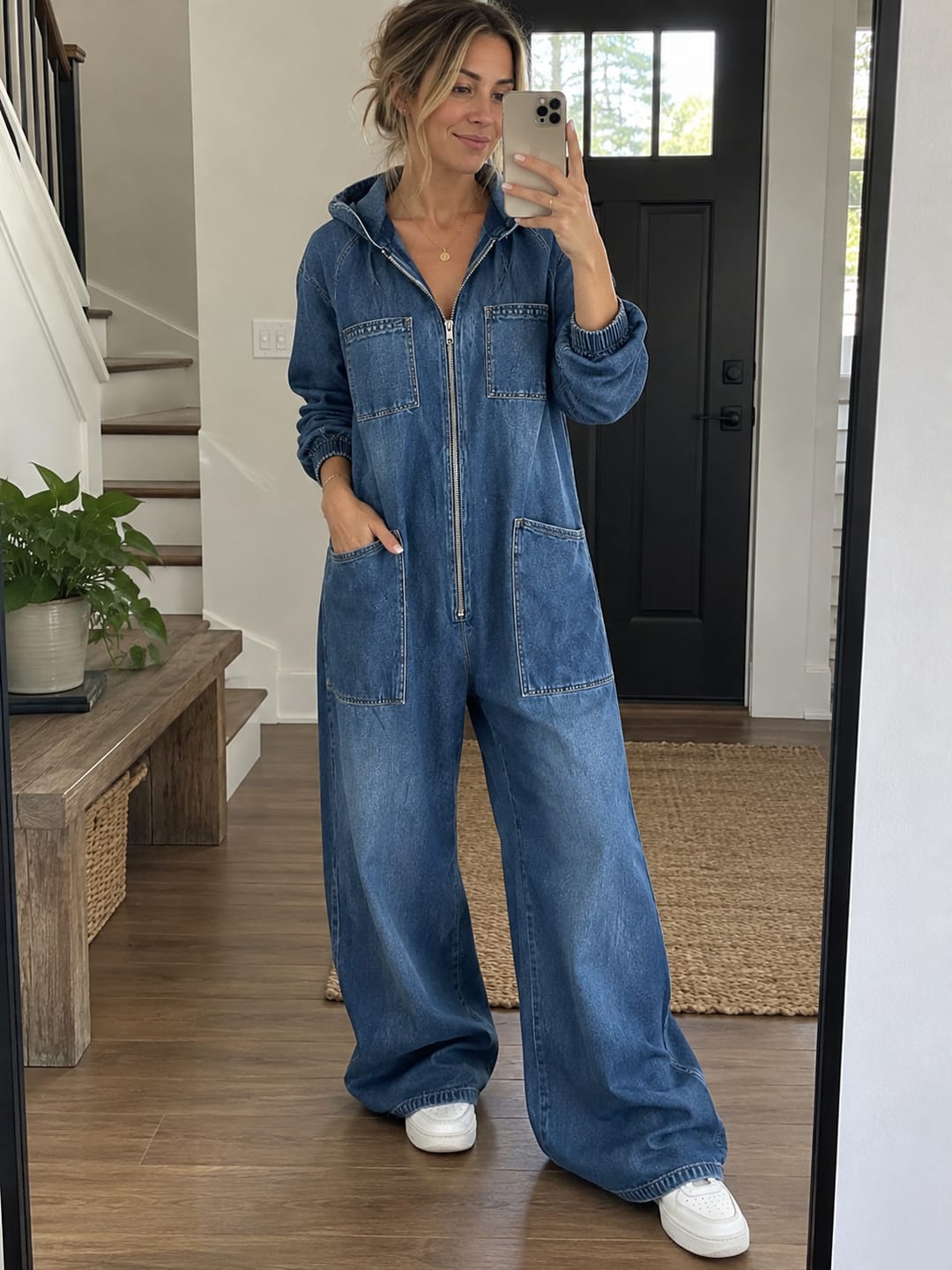 Customer photo review of Zipper Split-Joint Pockets Loose Long Sleeves Hooded Jumpsuits