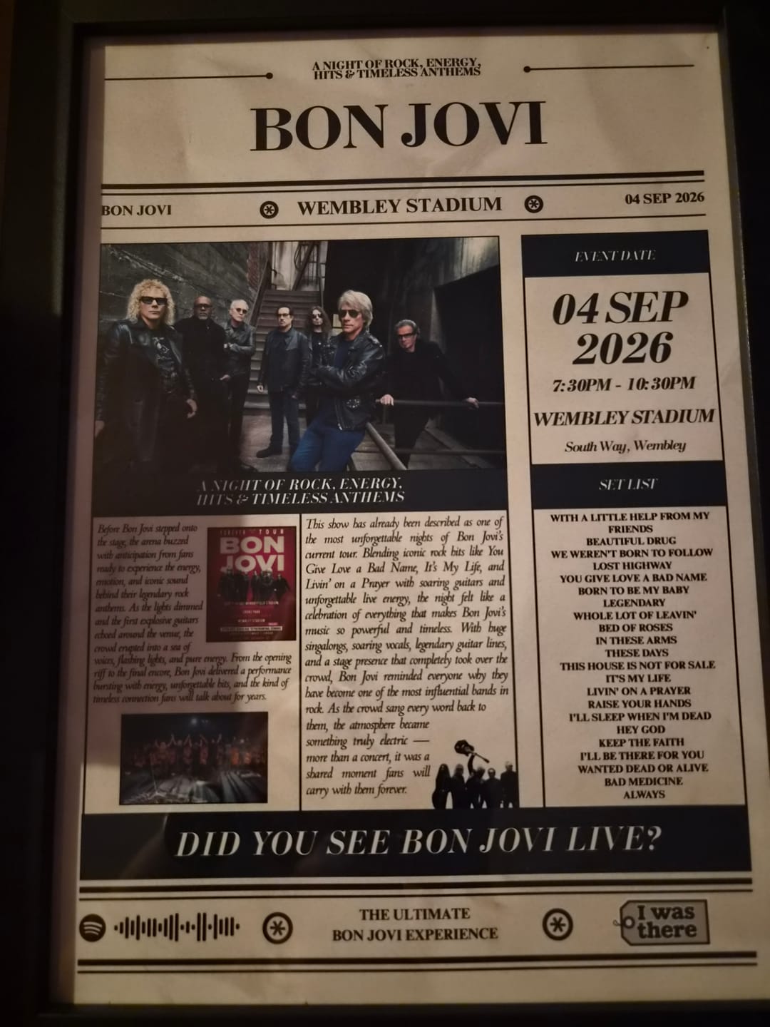 Customer photo review of Bon Jovi - Personalised Newspaper Style Concert Poster