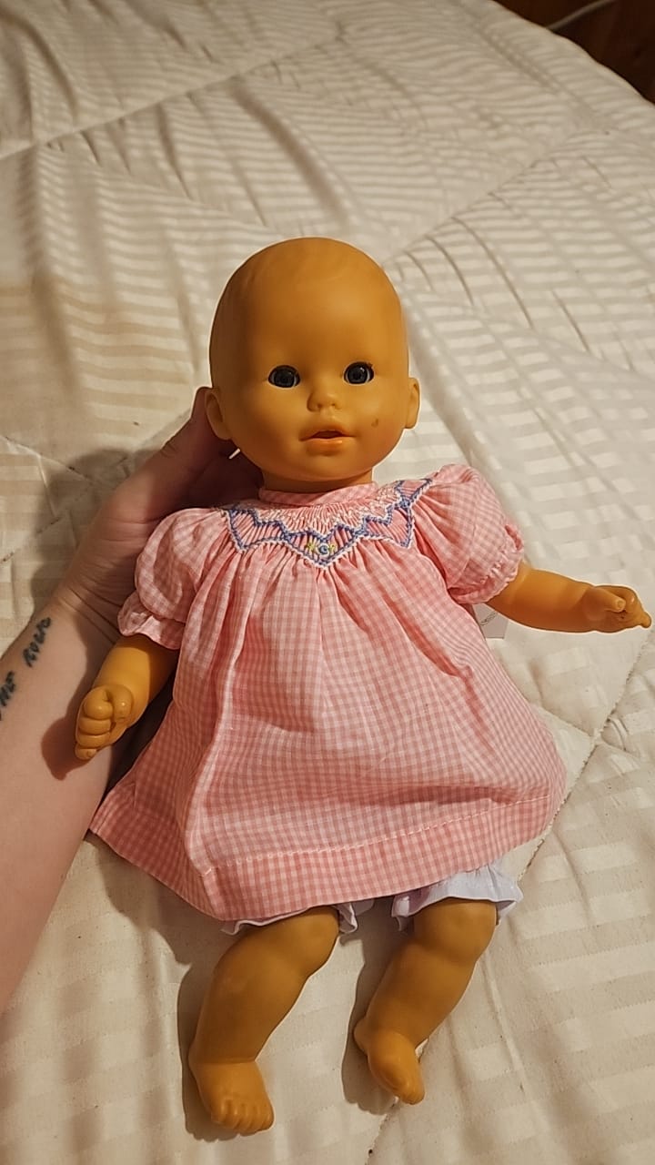 Customer photo review of Rosalina Pink Gingham Smocked 10" Doll Bishop Dress