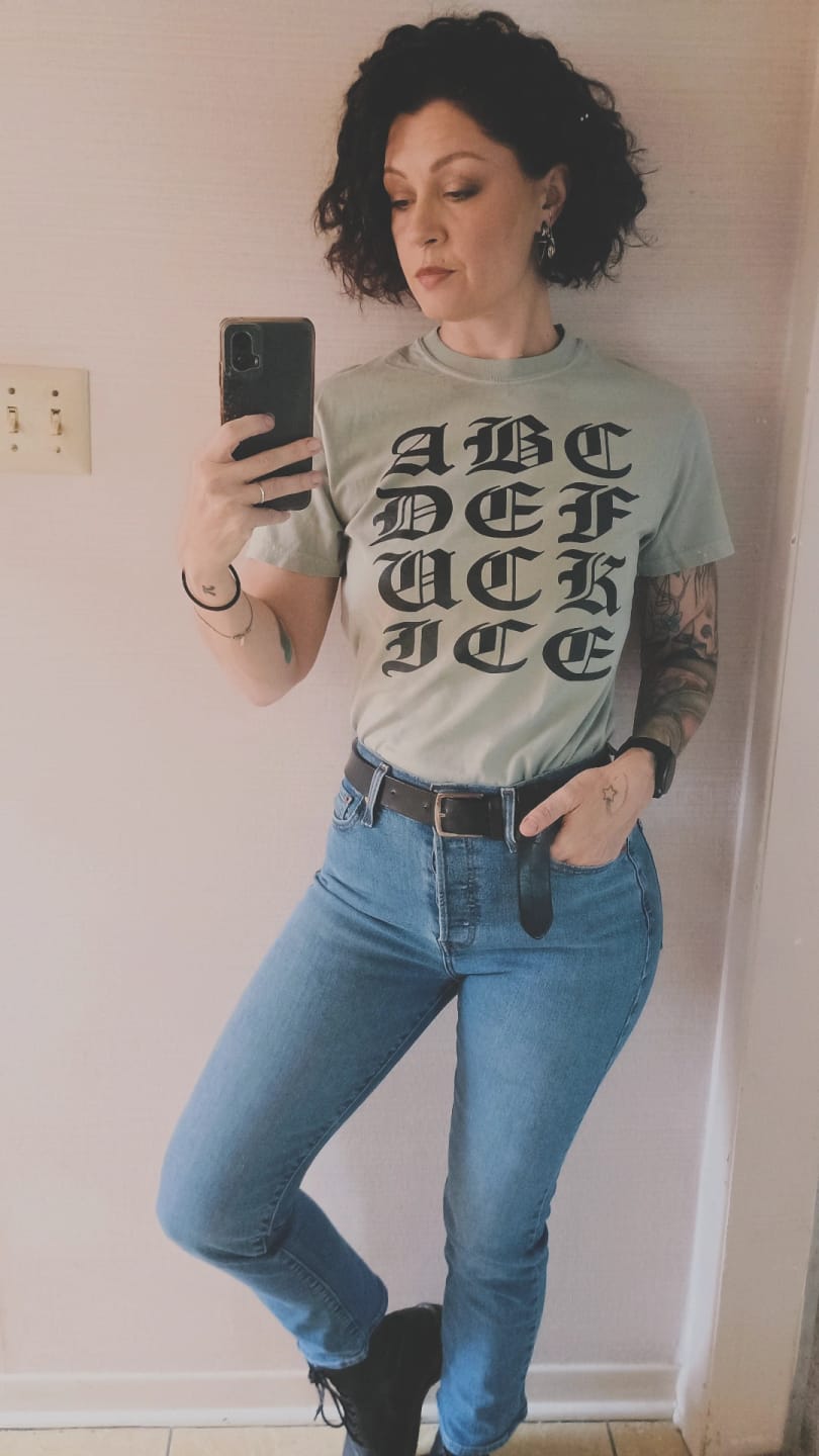 Customer photo review of ABCDE FUCK ICE Blackletter Tee