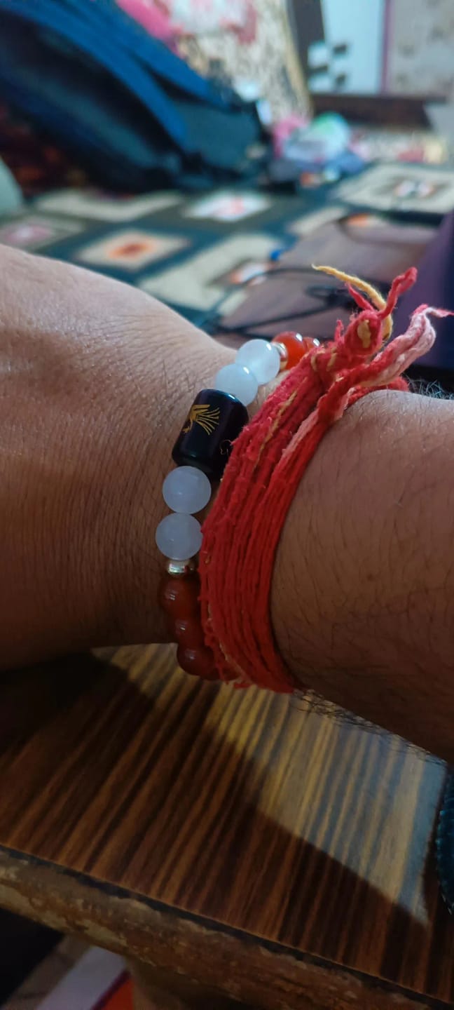 Customer photo review of Virgo (Kanya Rashi) Zodiac Bracelet – Natural Carnelian & Milky Quartz