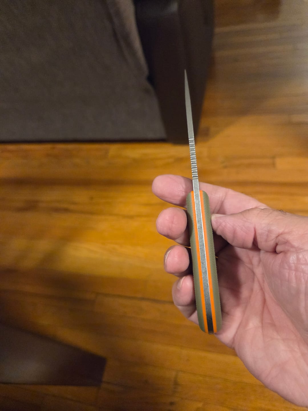 Customer photo review of Farmer Made EDC John 001 Fixed Blade - 4" 1095 Drop Point, Green Micarta - Made in USA (FM-JOHN-001)