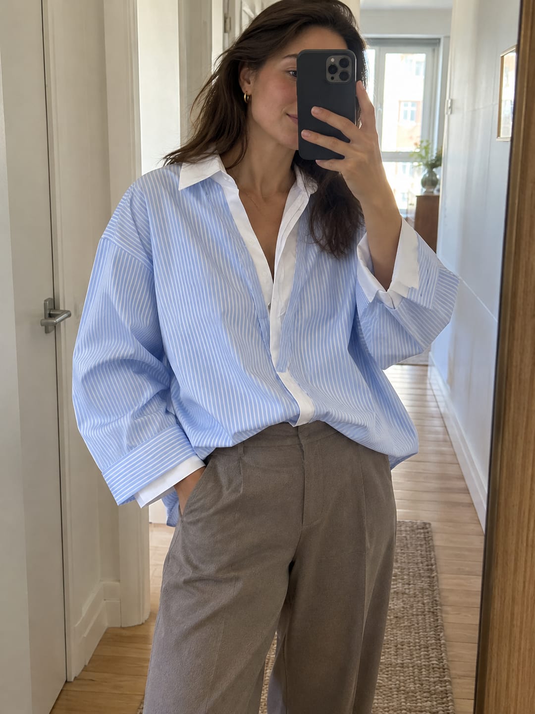 Customer photo review of Striped Buttoned Loose Long Sleeves Lapel Blouses&shirts Tops