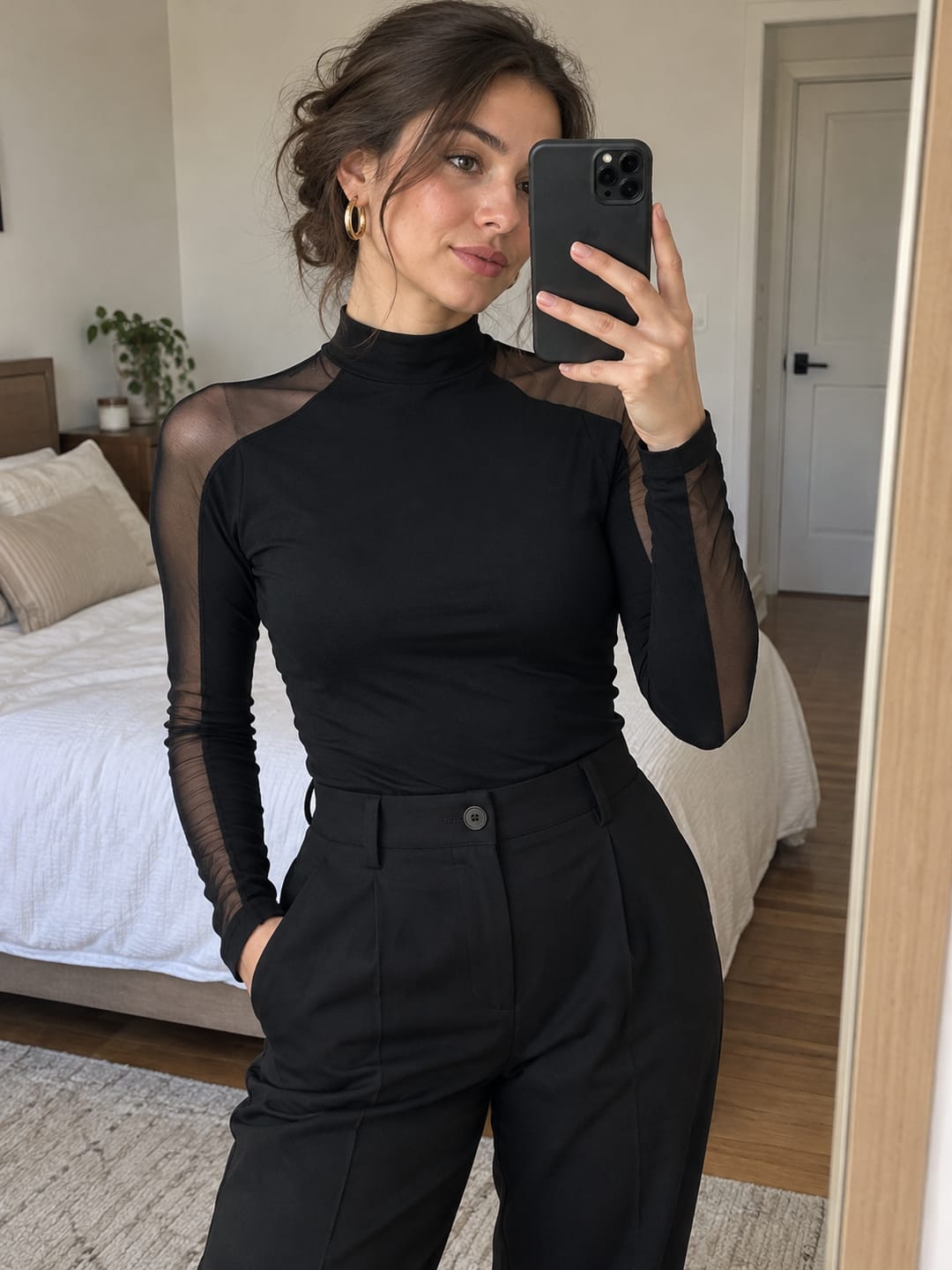 Customer photo review of Split-Joint Solid Color See-Through Skinny Long Sleeves Mock Neck T-Shirts Tops