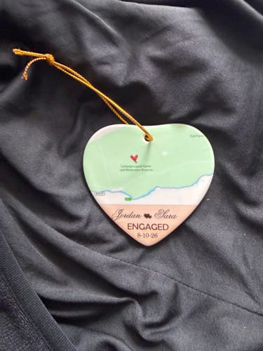 Customer photo review of Engagement Ornament - Custom Map & Photo Gift Heart-shaped Ceramic Ornament