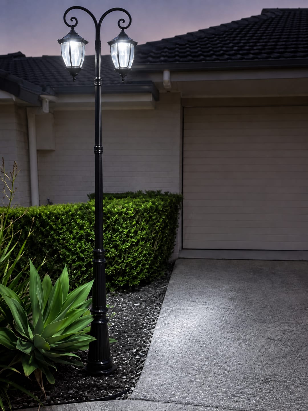 Customer photo review of Victorian Double Head Solar Coach Post Light – Antique Black Hexagonal Clear Glass Lantern