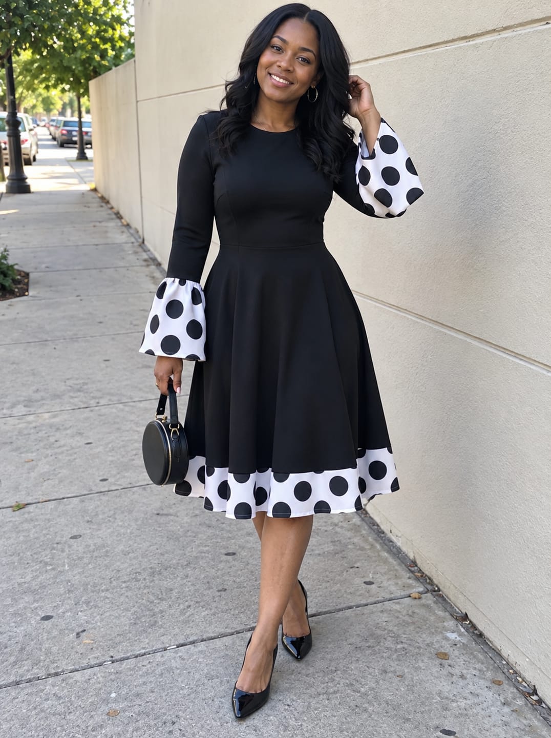 Customer photo review of Zipper Split-Joint Polka-Dot Contrast Color Long Sleeves High Waisted Round-neck Midi Dresses