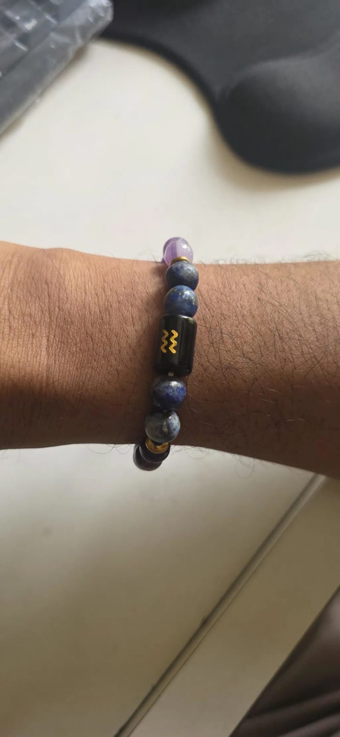 Customer photo review of Aquarius (Kumbh Rashi) Zodiac Bracelet – Natural Amethyst & Lapis Lazuli