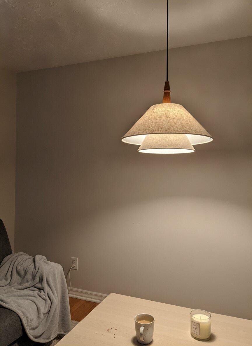 Customer photo review of Tapered Fabric Pendant Light, Walnut Wood Accent, 40 cm