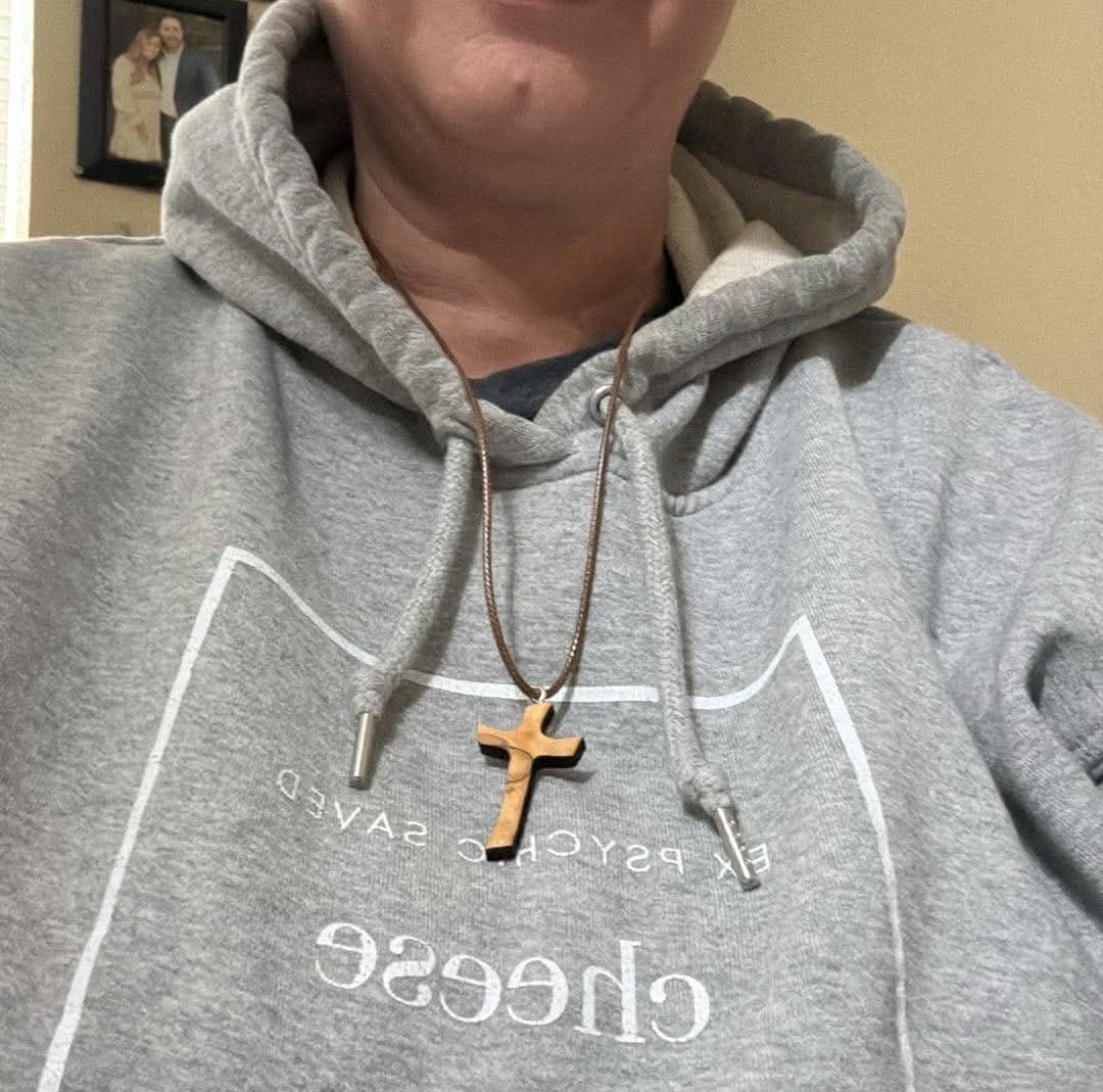 Customer photo review of Holy Land Olive Wood Cross Pendant