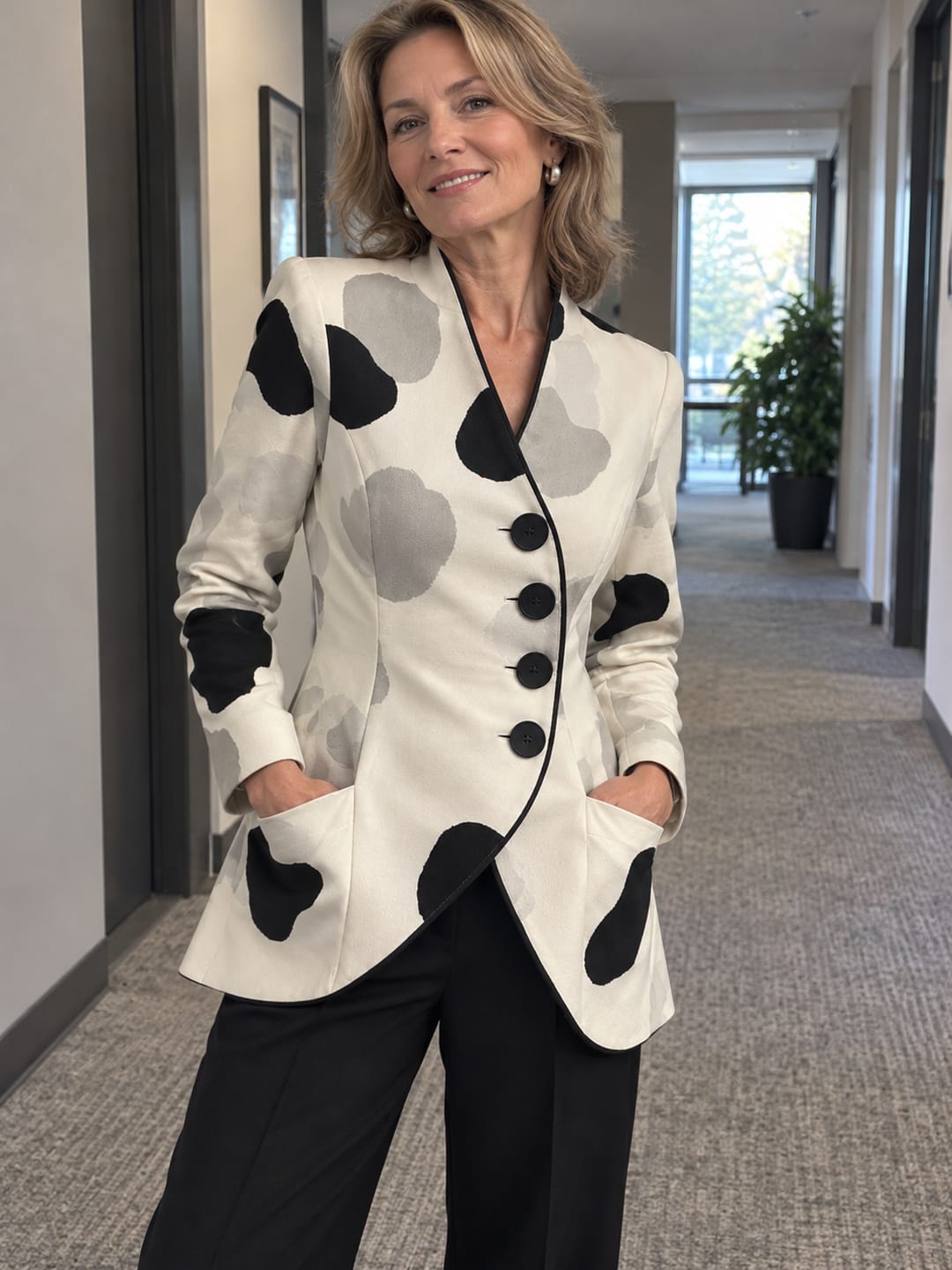 Customer photo review of Printed Pockets Contrast Color Buttoned Long Sleeves Stand Collar Outerwear