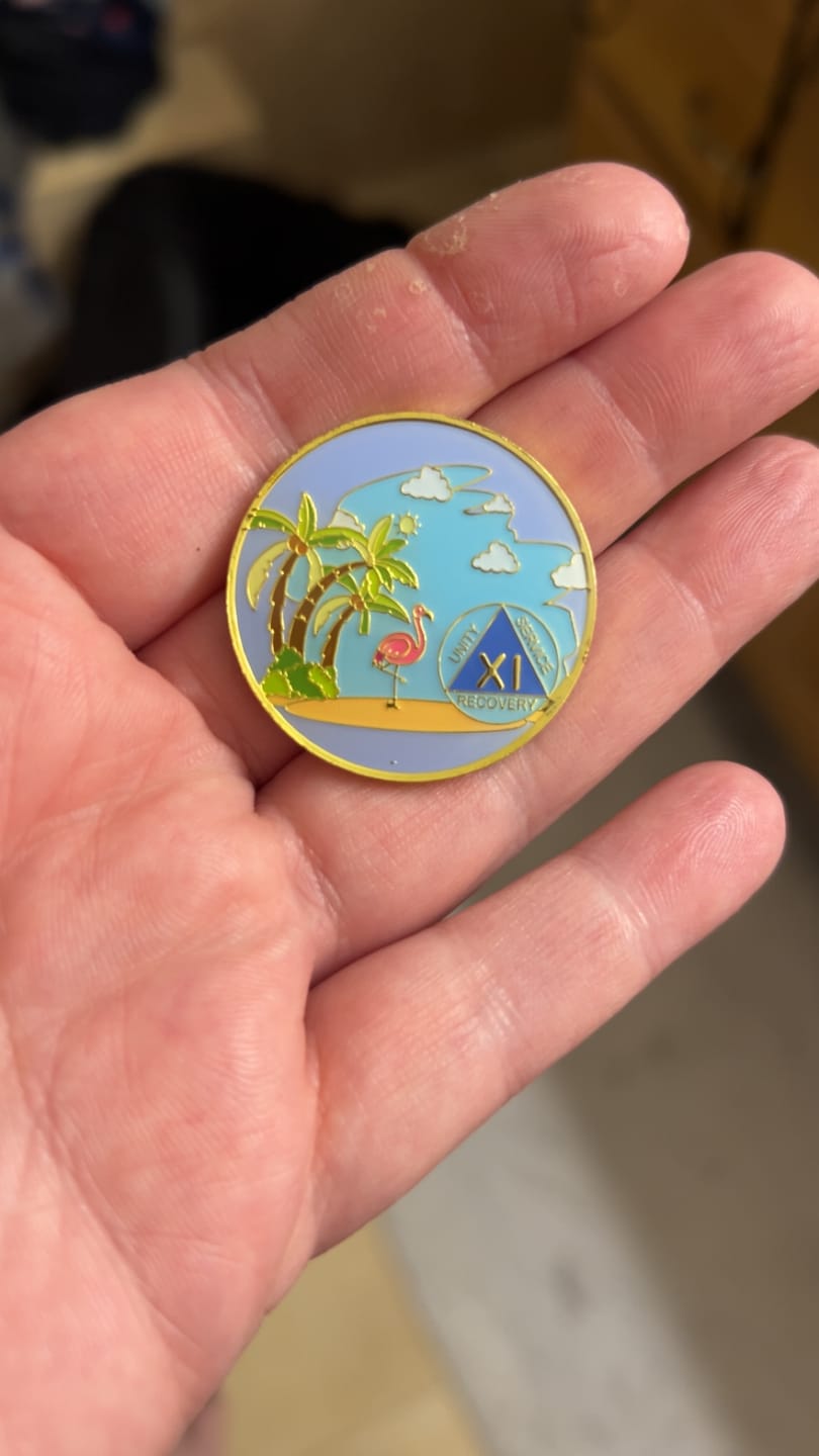 Customer photo review of 11 Year Beach Themed Specialty Tri-Plated AA Recovery Medallion - Eleven Year Chip/Coin