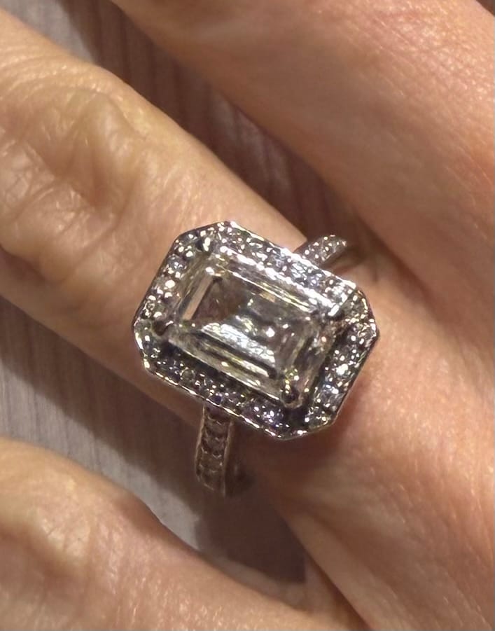 Customer photo review of Lucy 3 Carat Emerald Cut Halo Pave Lab Grown Diamond Ring in Platinum