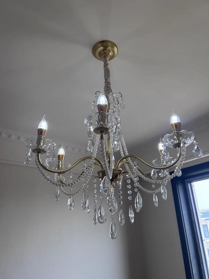 Customer photo review of Crystal Pendant Light, Gold Metal Arms, Pearl Accents, Chandelier