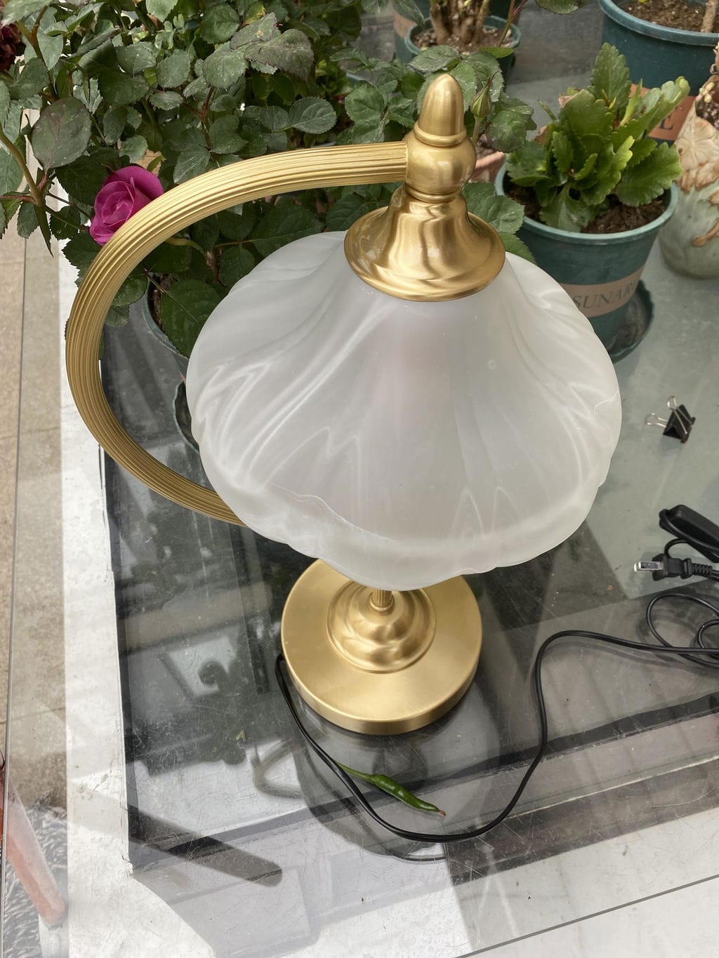 Customer photo review of Glass Table Lamp, Gold Brass Arm, Scalloped Frosted Shade, 42 cm