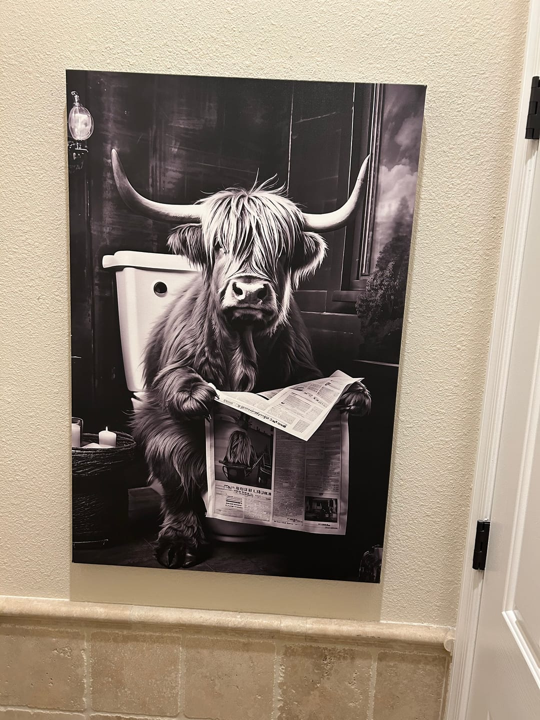Customer photo review of Highland Cow Reading Newspaper On The Toilet