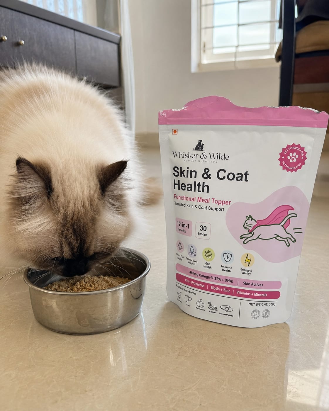 Customer photo review of Skin & Coat Cat Topper · 460mg Omega-3 for Dull Coat, Itchy Skin & Shedding
