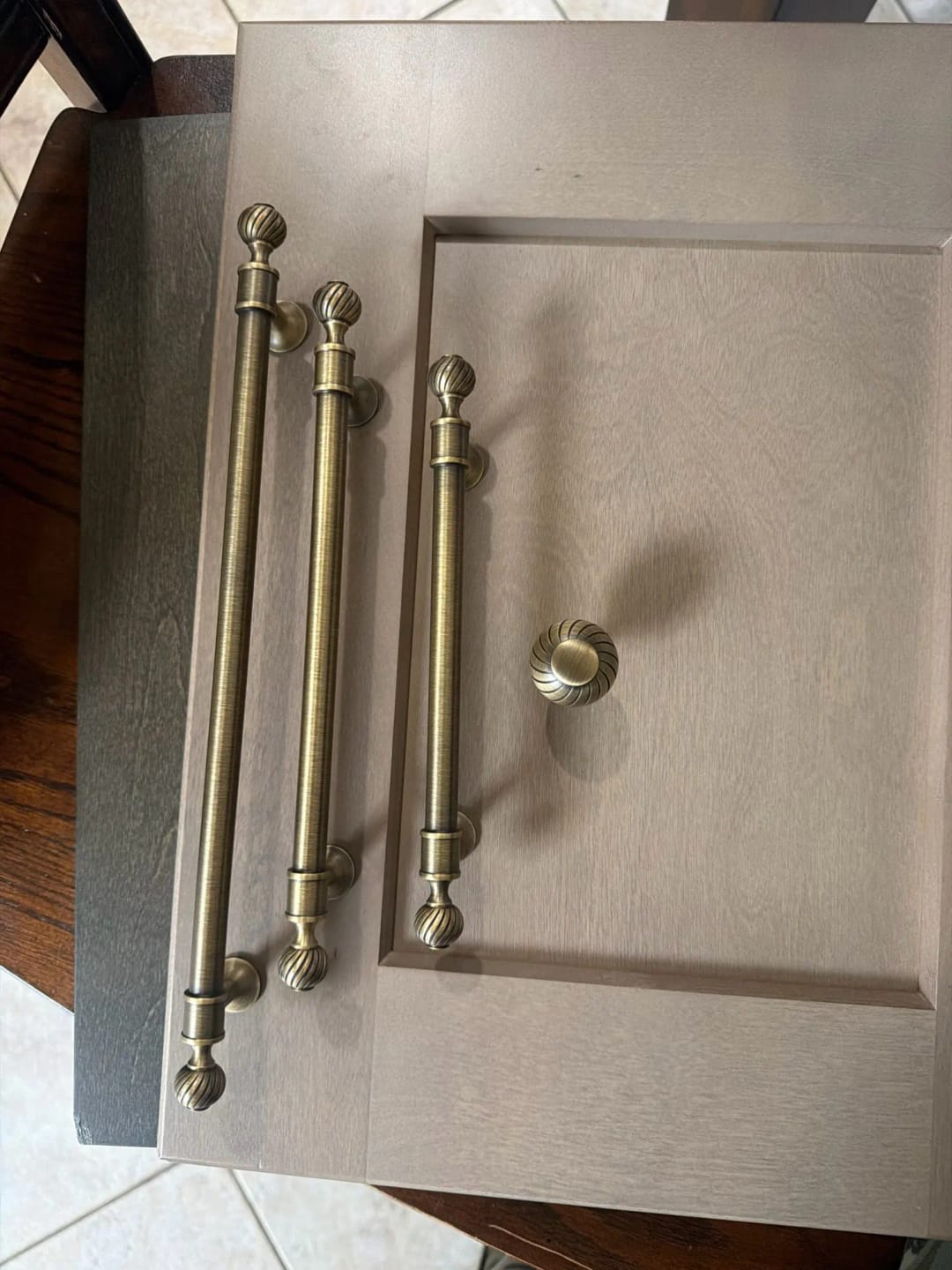 Customer photo review of Ribbed Solid Brass Cabinet Pull, Antique Brass