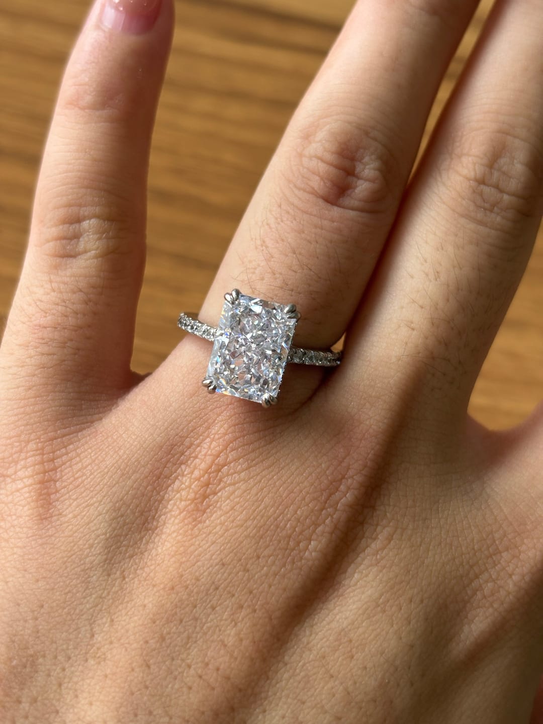 Customer photo review of S925 4.5Ct Radiant Cut Engagement Ring Moissanite/Simulated Diamond Solitaire Stackable Travel Ring For Women
