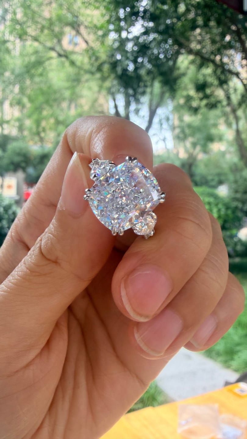 Customer photo review of S925 6.0Ct Cushion Cut Three Stone Engagement Ring Simulated or Moissanite Diamond Bridal Rings For Women