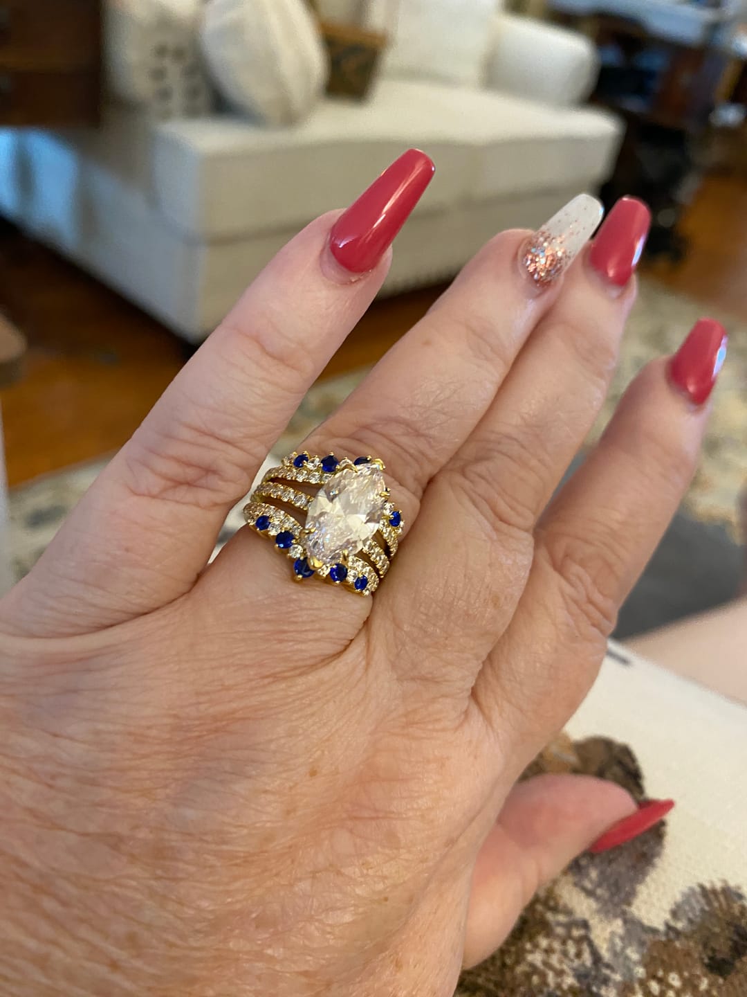 Customer photo review of S925 2PC 3.5Ct Marquise Cut Enhancer Wedding SetsHalf Enternity Yellow Gold Engagement Ring with Blue & White Stone Enhancer Wedding Band