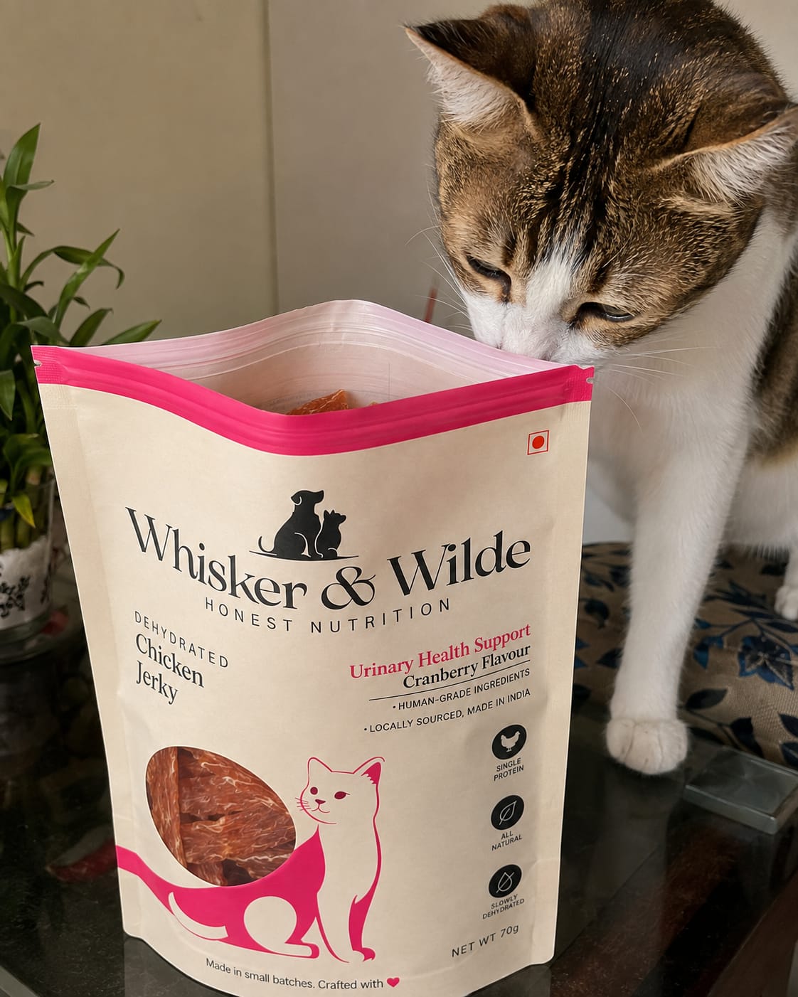 Customer photo review of Dehydrated Chicken Jerky – Cranberry (Cat)