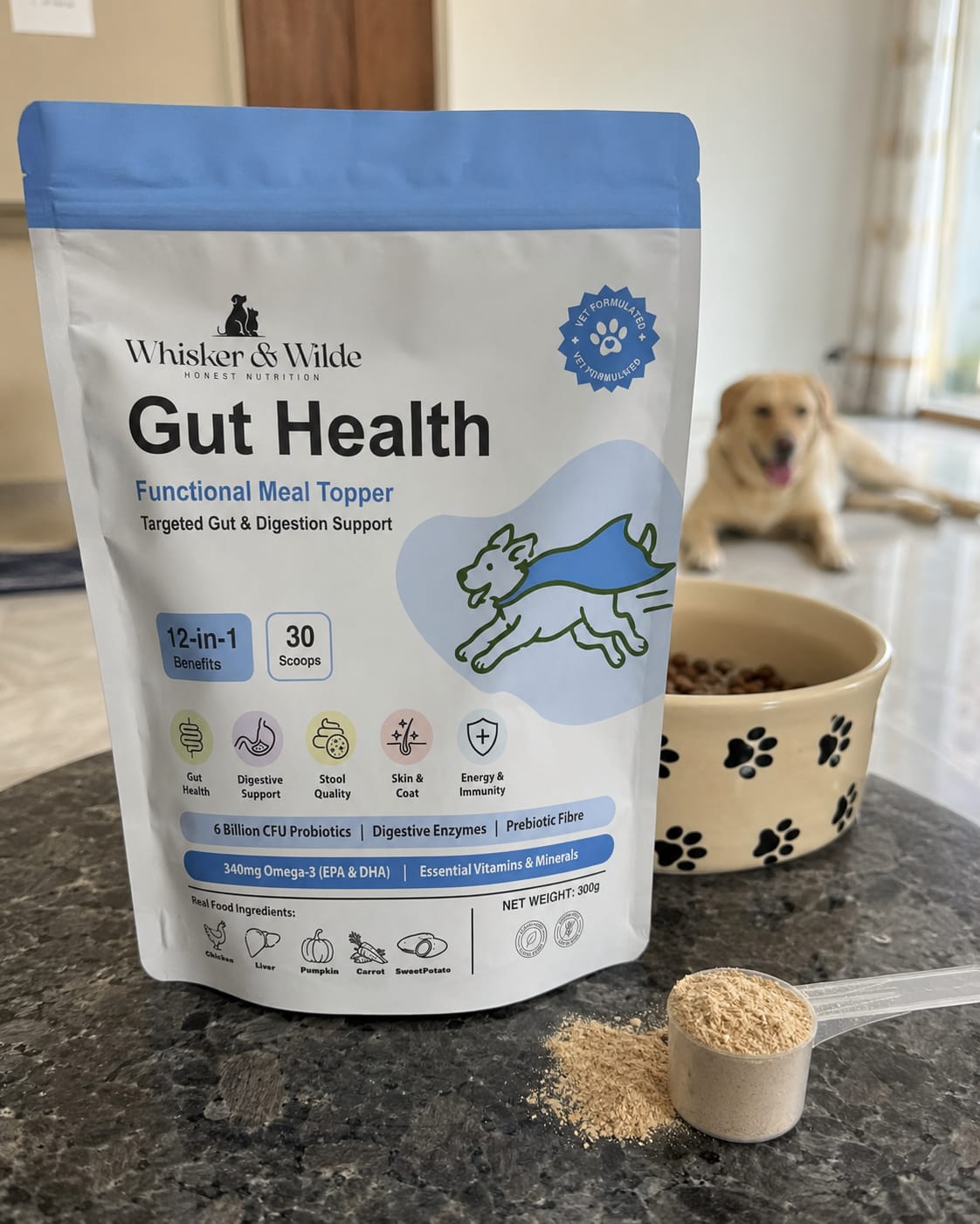 Customer photo review of Gut Health Dog Topper · 6 Billion CFU Probiotics for Loose Stools, Gas & Paw Licking