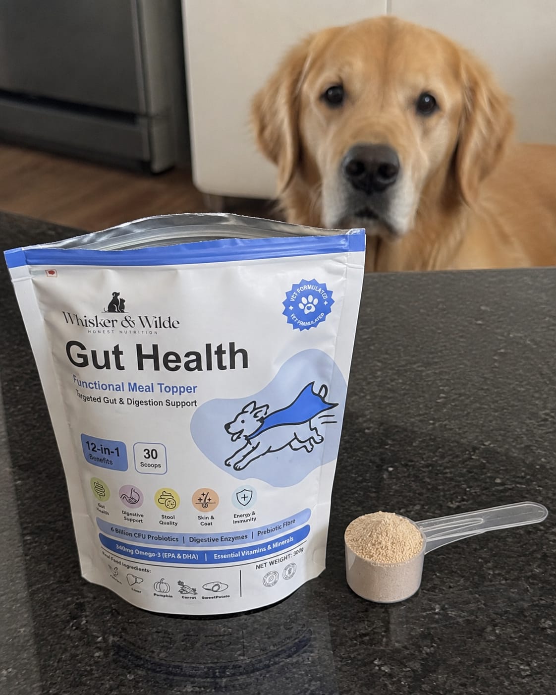 Customer photo review of Gut Health Dog Topper · 6 Billion CFU Probiotics for Loose Stools, Gas & Paw Licking