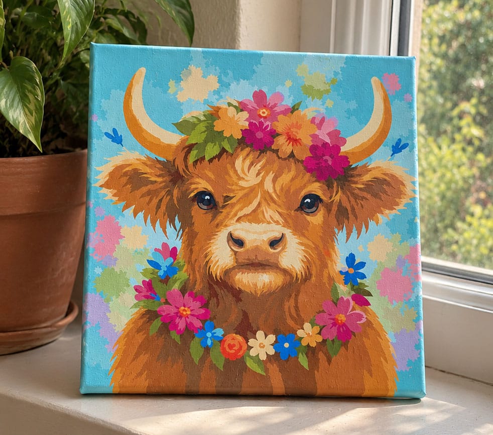 Customer photo review of Mini Peinture par Numéros 20x20cm avec cadre Vache Highland reine du jardin