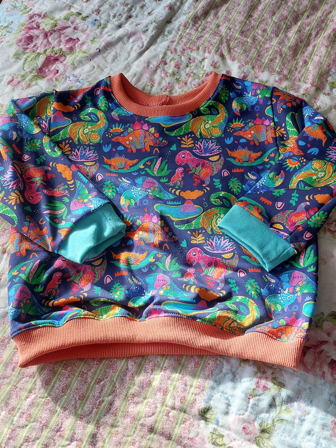 Customer photo review of Multicoloured Dinosaurs on Navy French Terry Fabric