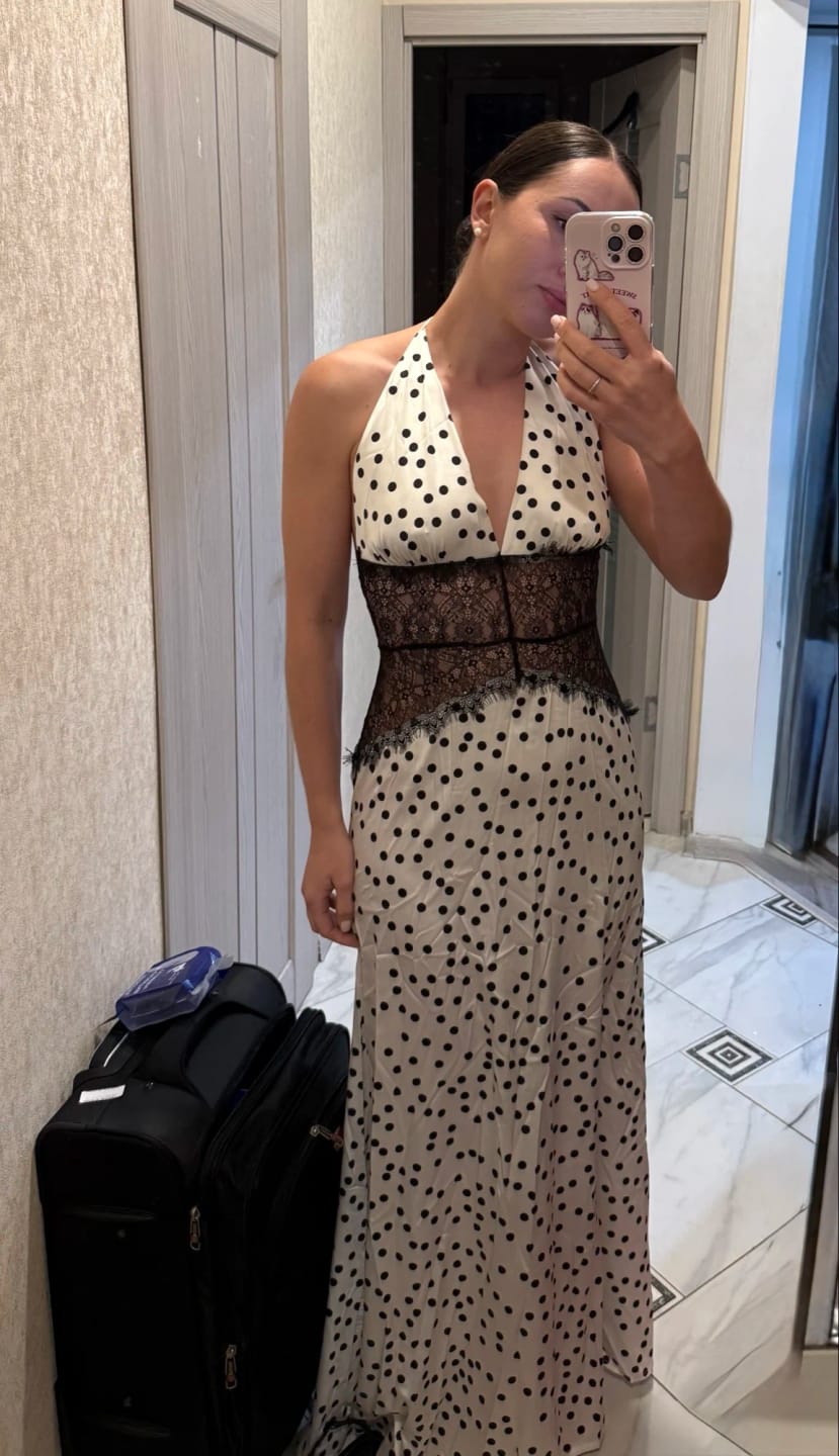 Customer photo review of Women's Polka-Dot Halter Maxi Dress with Lace Waist